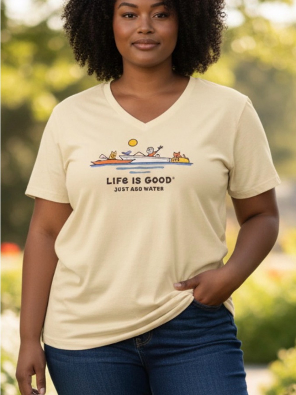 Women's XXL Life Is Good V-Neck Tee in Soft Yellow